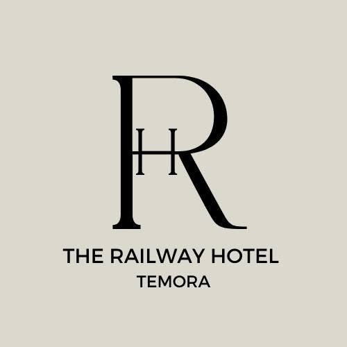 Logo for The Railway Hotel in Temora with stylized 'RR' and hotel name in black on a light background.