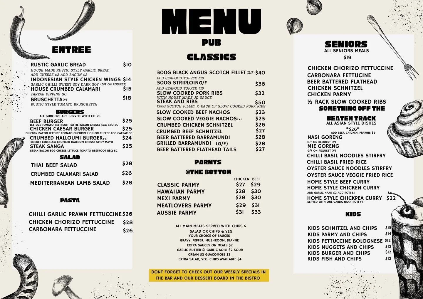 A black and white pub menu with sections for entrees, salads, pasta, classic pub dishes, seniors' meals, Asian style dishes, and kids' meals, featuring various sandwiches, salads, pasta, grilled meats, and children's meals.