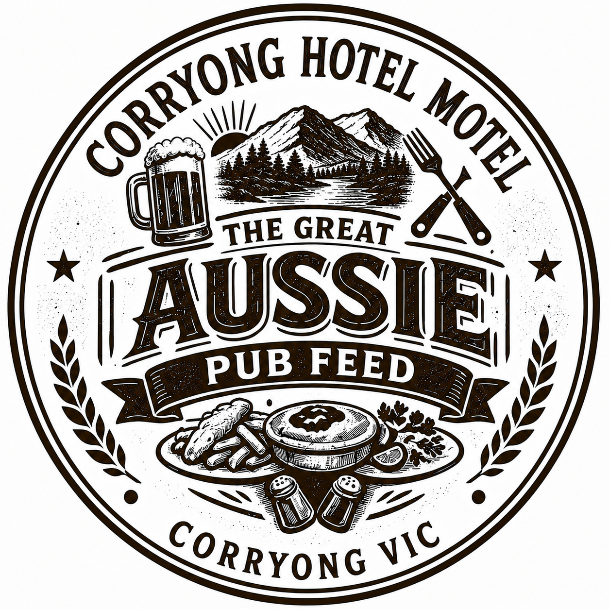 A circular emblem for Corryong Hotel in Victoria, Australia, featuring mountain scenery, a beer mug, a fork and knife, a plate of pub food, and decorative elements with text about the pub.