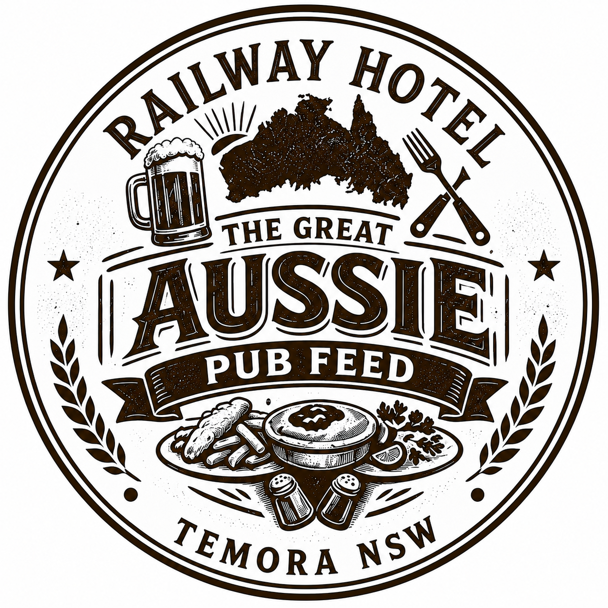 A circular logo for Railway Hotel in Temora NSW featuring a map of Australia, a beer mug, a fork and knife, a bowl of pub food with fries and veggies, and salt and pepper shakers, with text promoting the pub feed.
