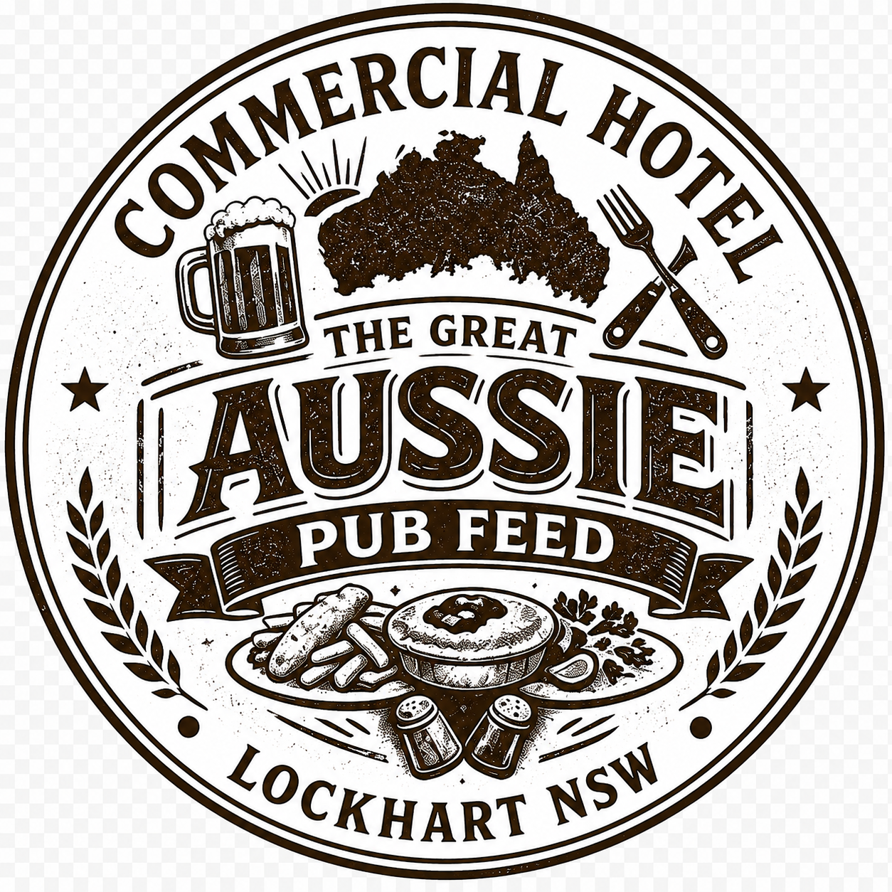 A circular badge design for a commercial hotel called 'The Great Aussie Pub Feed' in Lockhart, NSW. It features an illustration of a beer mug, a map of Australia, crossed fork and knife, and a plate with food, including a pretzel, fries, and a sausag