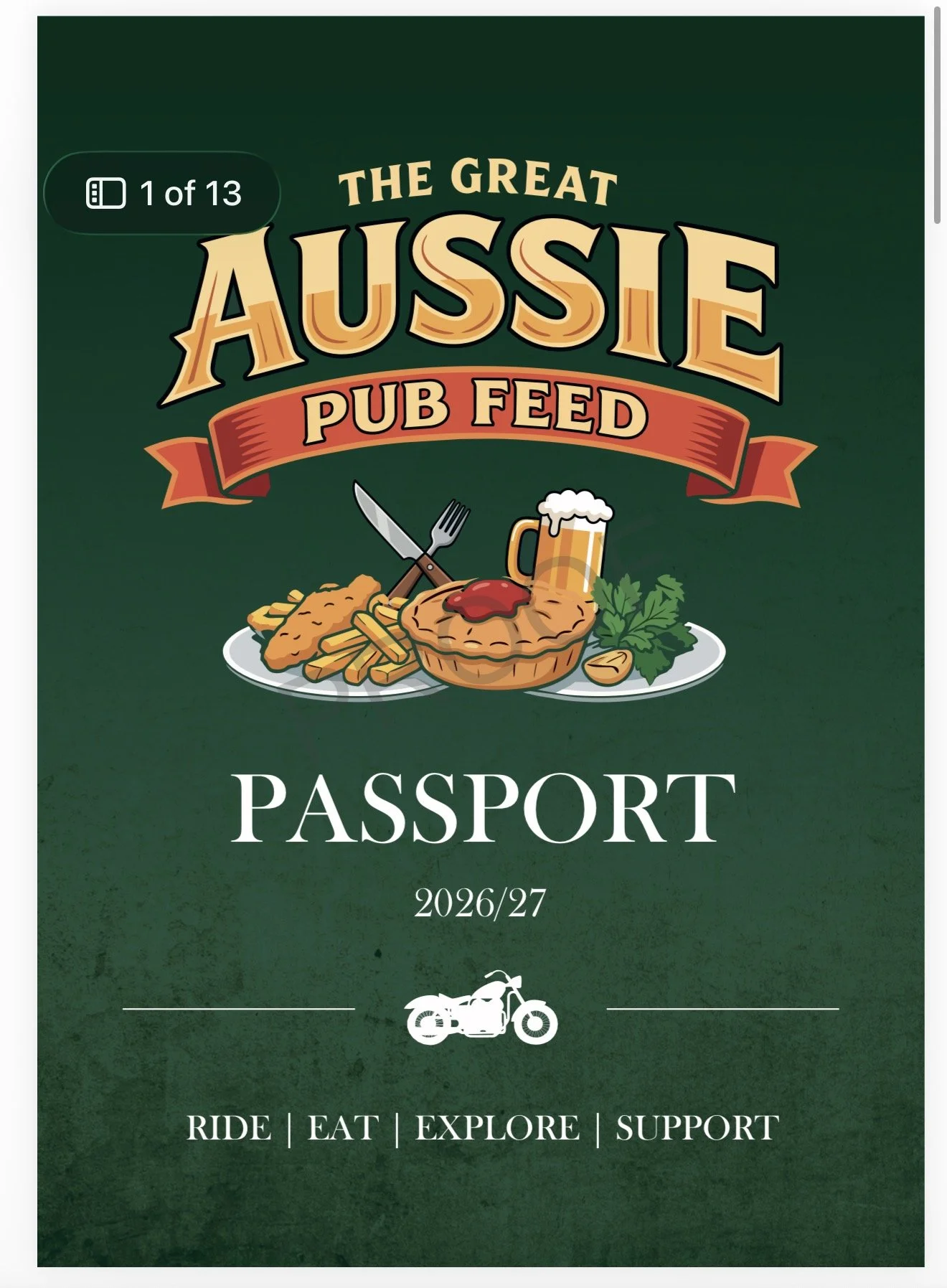 Cover of a passport titled "The Great Aussie Pub Feed" for 2026/27, featuring illustrations of pub food including a beer, fried chicken, fries, steak with ketchup, and herbs, with a motorcycle icon at the bottom and text "Ride, Eat, Explore, Support" at the bottom.