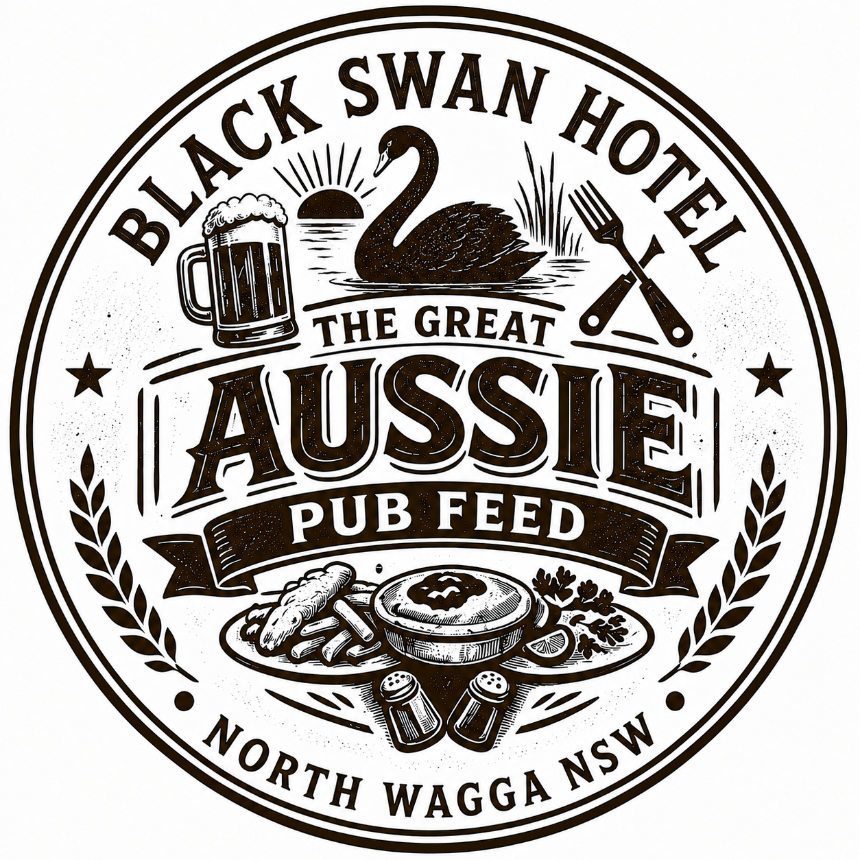 A circular logo for Black Swan Hotel & The Great Aussie Pub Feed, featuring a swan, beer mug, barbecue tools, a plate of food, and salt and pepper shakers, with decorative elements and text indicating its location in North Wagga, NSW.