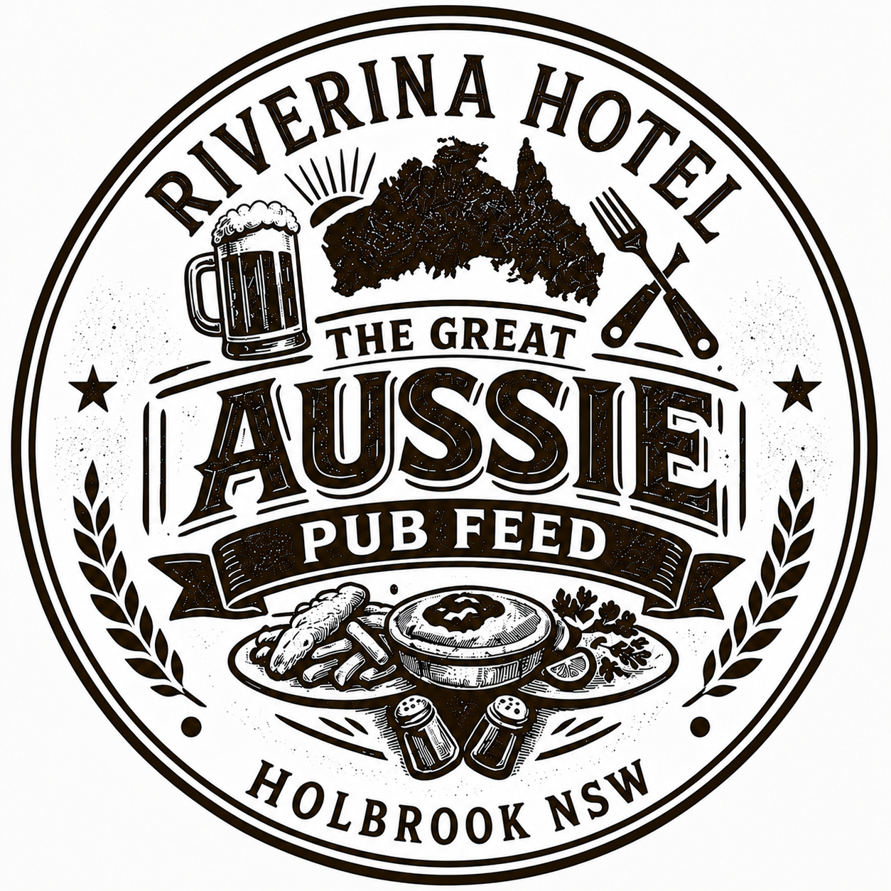 A circular logo for Riverina Hotel in Holbrook NSW, featuring a beer mug, a map of Australia, a plate with food, a fork and knife, and salt and pepper shakers, with the words 'The Great Aussie Pub Feed'.