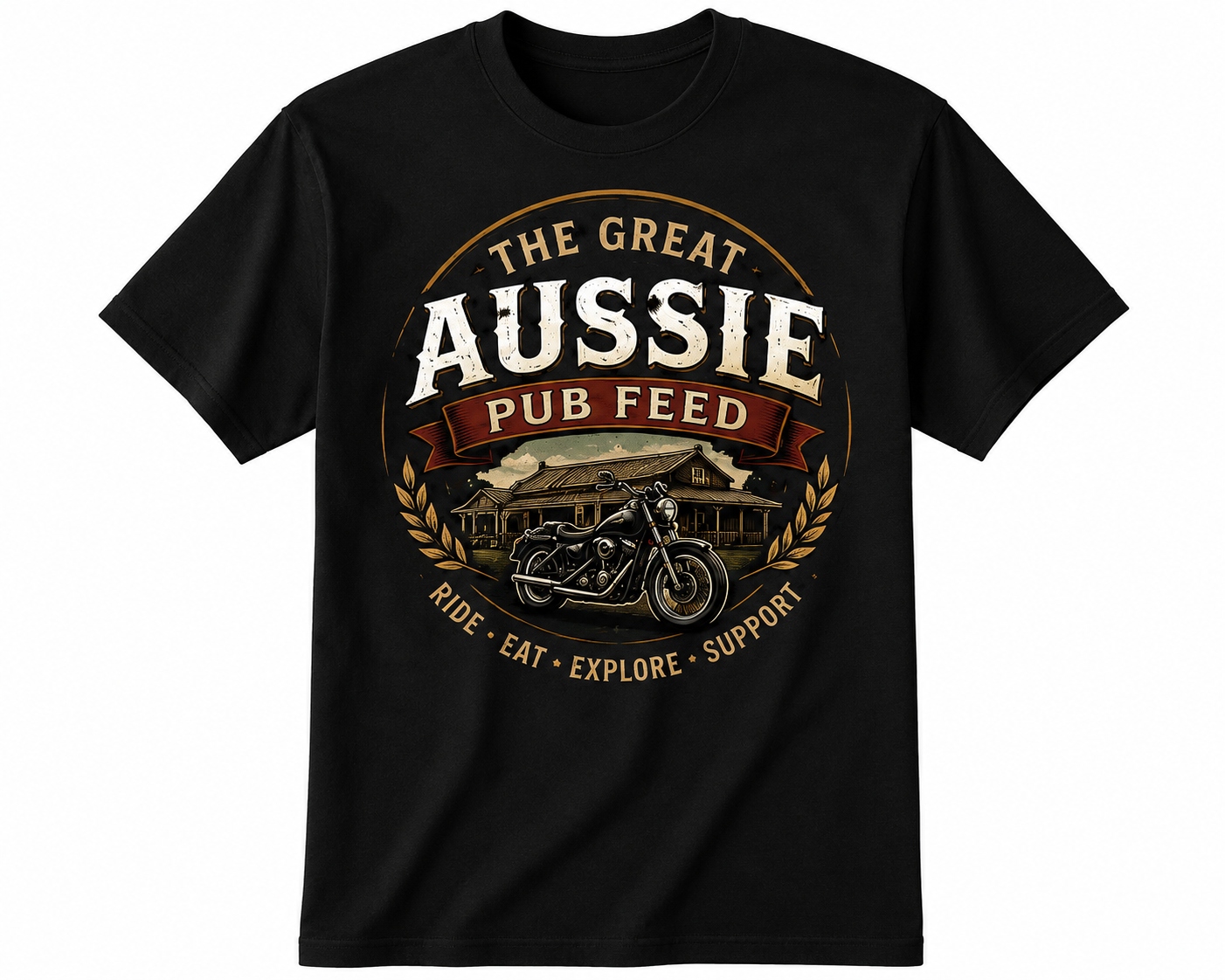 Black T-shirt with a graphic design featuring a motorcycle, a pub, and the text 'The Great Aussie Pub Feed' with a ribbon banner, along with the words 'Ride, Eat, Explore, Support' at the bottom.