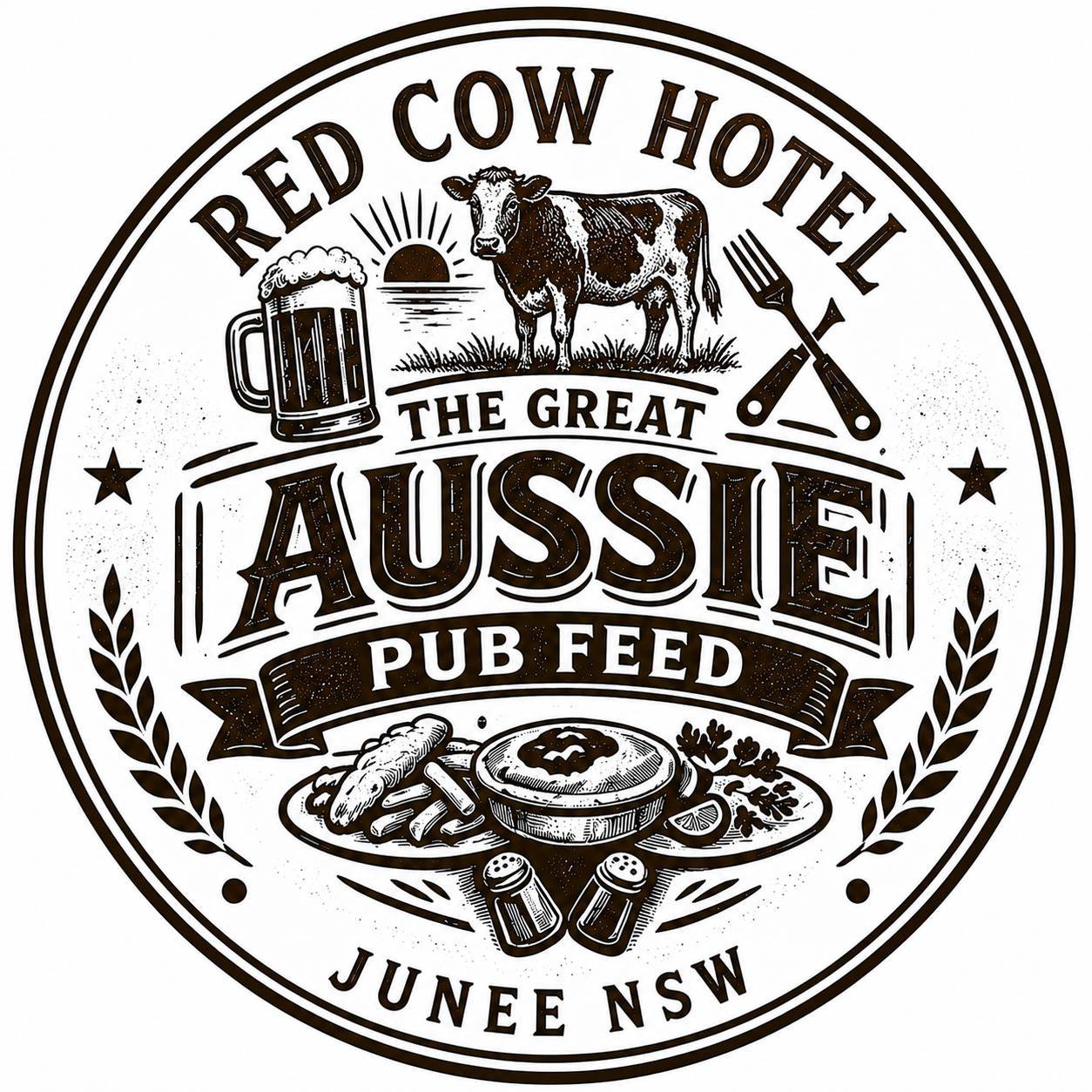 Vintage-style circular logo with a cow, beer mug, plate of food, and utensils, promoting Australian pub food at Red Cow Hotel, Junee, NSW.