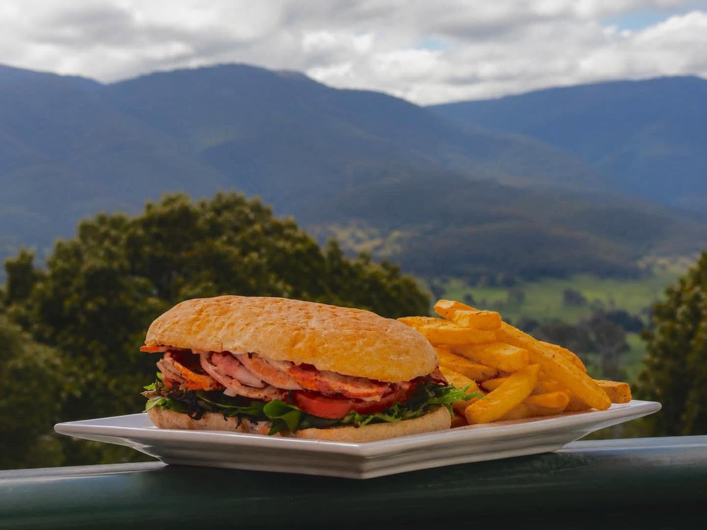 A sandwich with roast meat, lettuce, tomato, and bread served with French fries on a white plate outdoors, with mountains and trees in the background.