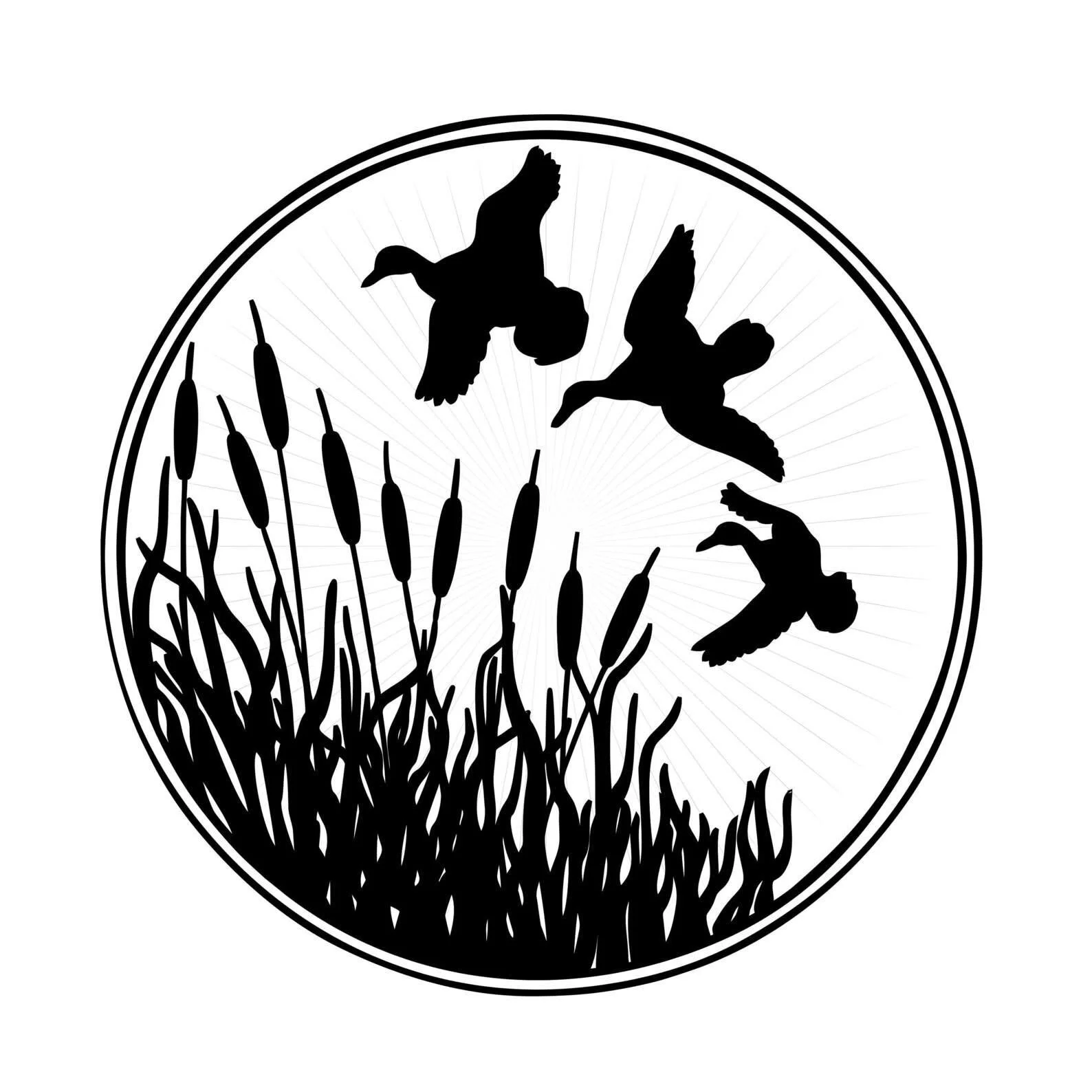 Silhouette of three birds flying above tall grass or cattails inside a circular border.