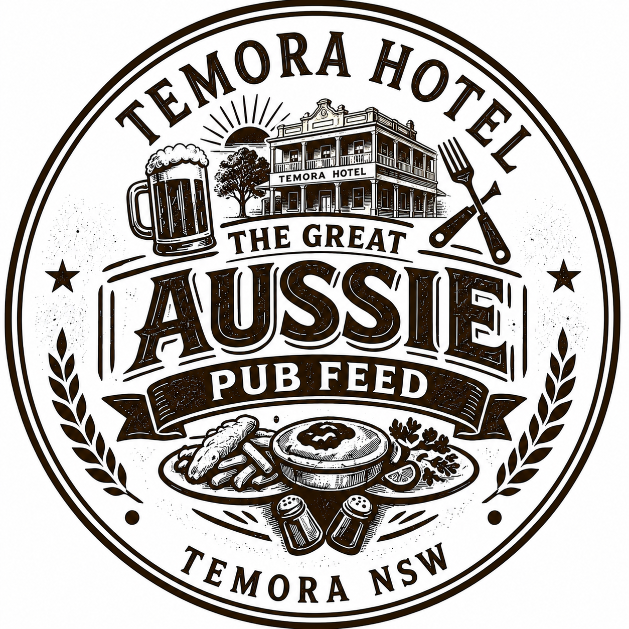 Vintage-style logo for Temora Hotel in Temora NSW, featuring an illustration of a pub, a beer mug, a plate of pub food, and a fork and knife, with text highlighting 'The Great Aussie Pub Feed'.
