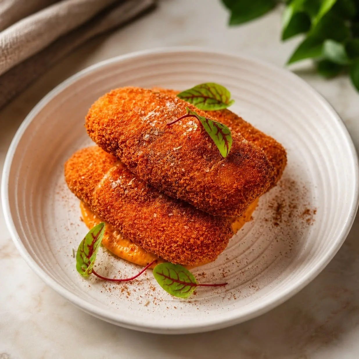 Two breaded, fried items garnished with small green leaves on a white plate.