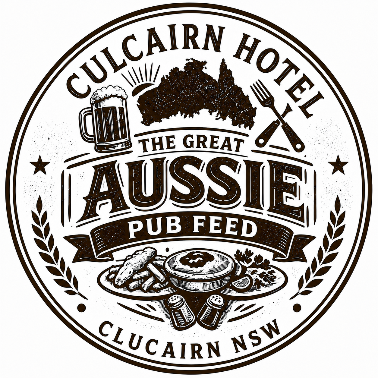 A circular logo for the Culcairn Hotel in New South Wales, featuring a beer mug, a map of Australia, crossed fork and knife, a plate of food with a meat pie, chips, and vegetables, and salt and pepper shakers, with the text 'The Great Aussie Pub Feed