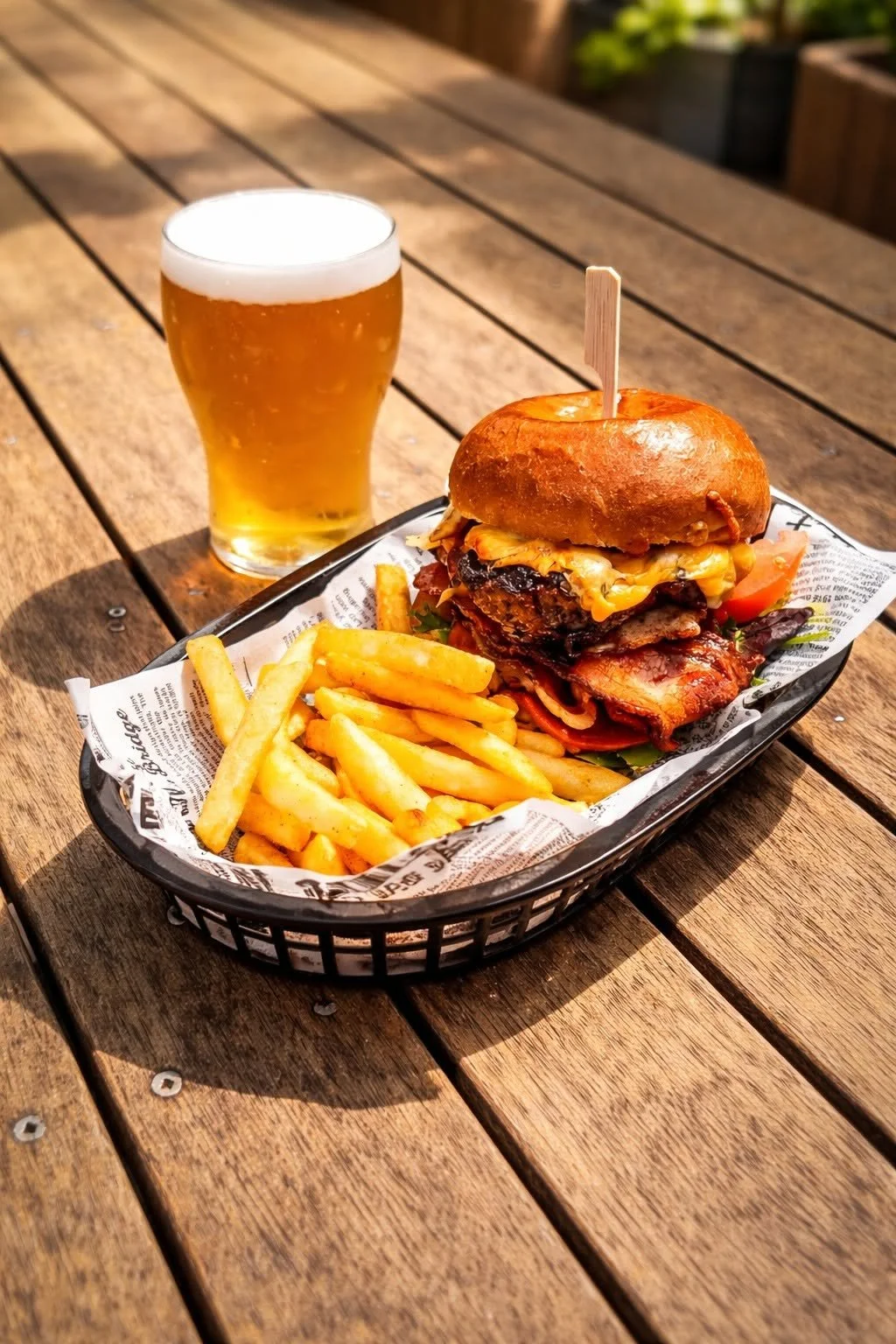 A basket with a gourmet burger, French fries, and a glass of beer on a wooden picnic table.