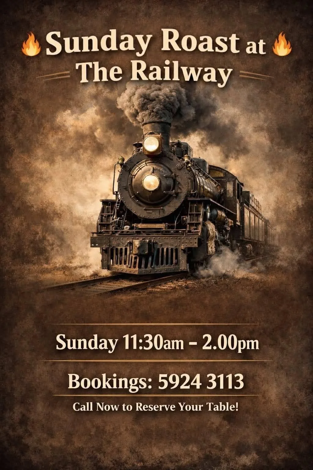 Advertisement for a Sunday roast at The Railway featuring an image of a steam train with black smoke, with text detailing the event's time, booking contact, and a call to reserve a table.