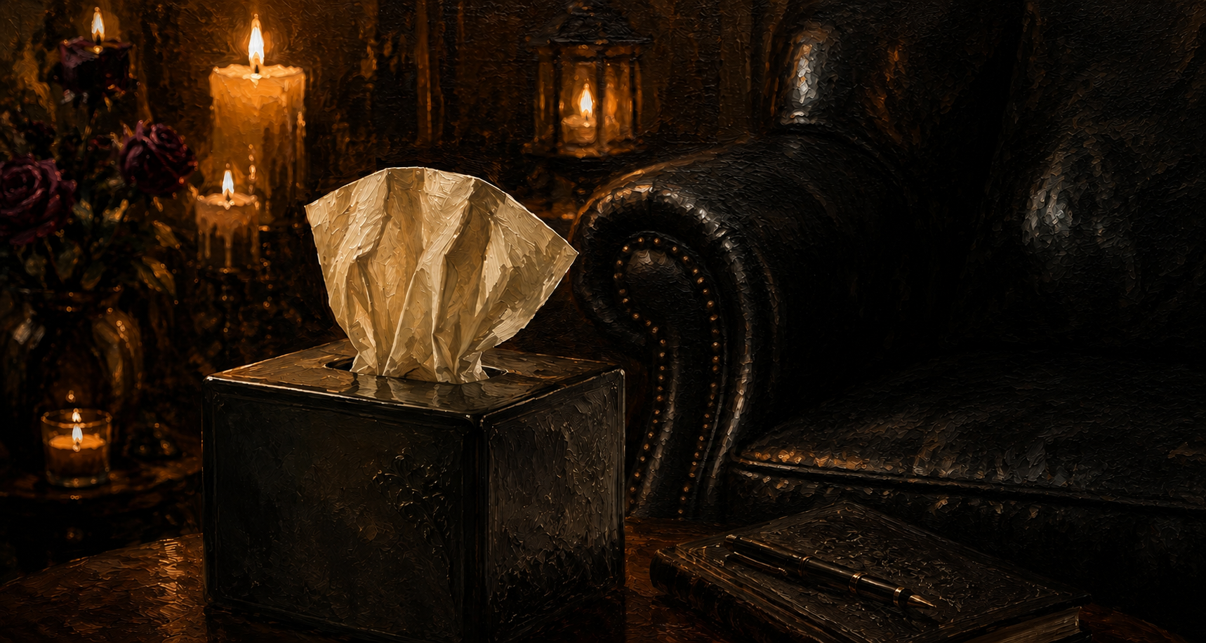 A tissue box on a table surrounded by lit candles, a dark leather armchair, a book, and a pen in a dimly lit room with warm lighting.