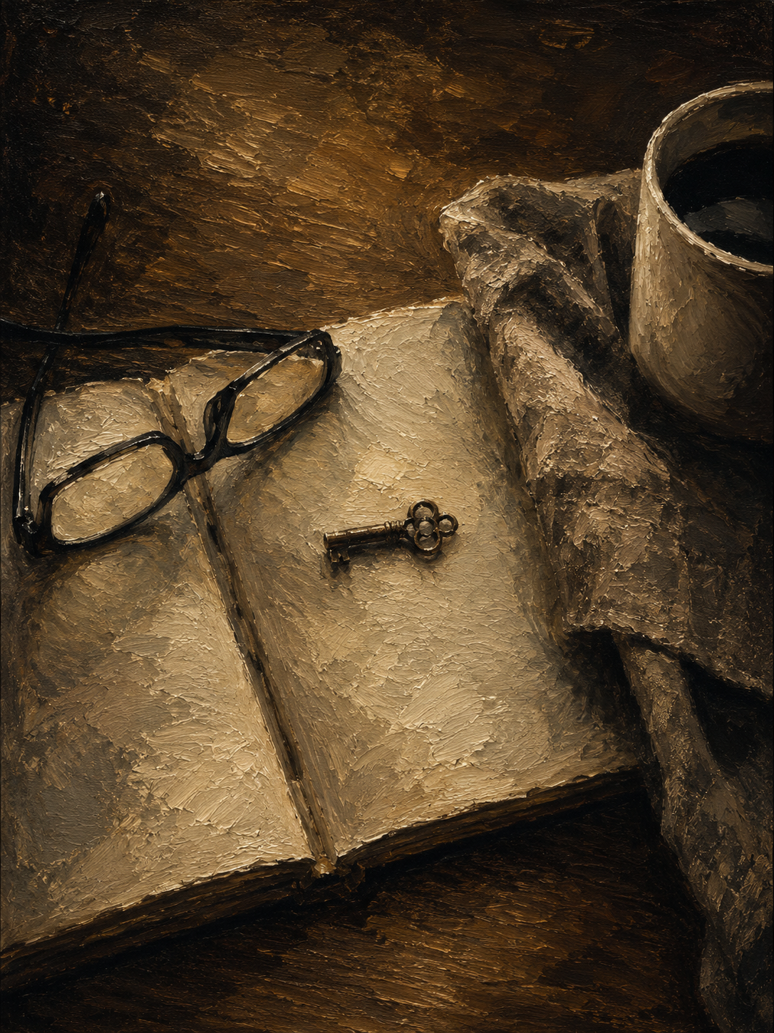 A painting of an open book, a pair of glasses, a small key, a cup of black coffee, and a crumpled cloth on a wooden surface.