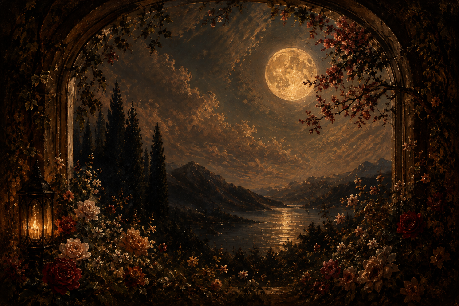 A nighttime landscape view through an arched window features a bright full moon illuminating a mountainous scene with a river, surrounded by trees and flowers, with a lantern emitting a warm glow on the left.