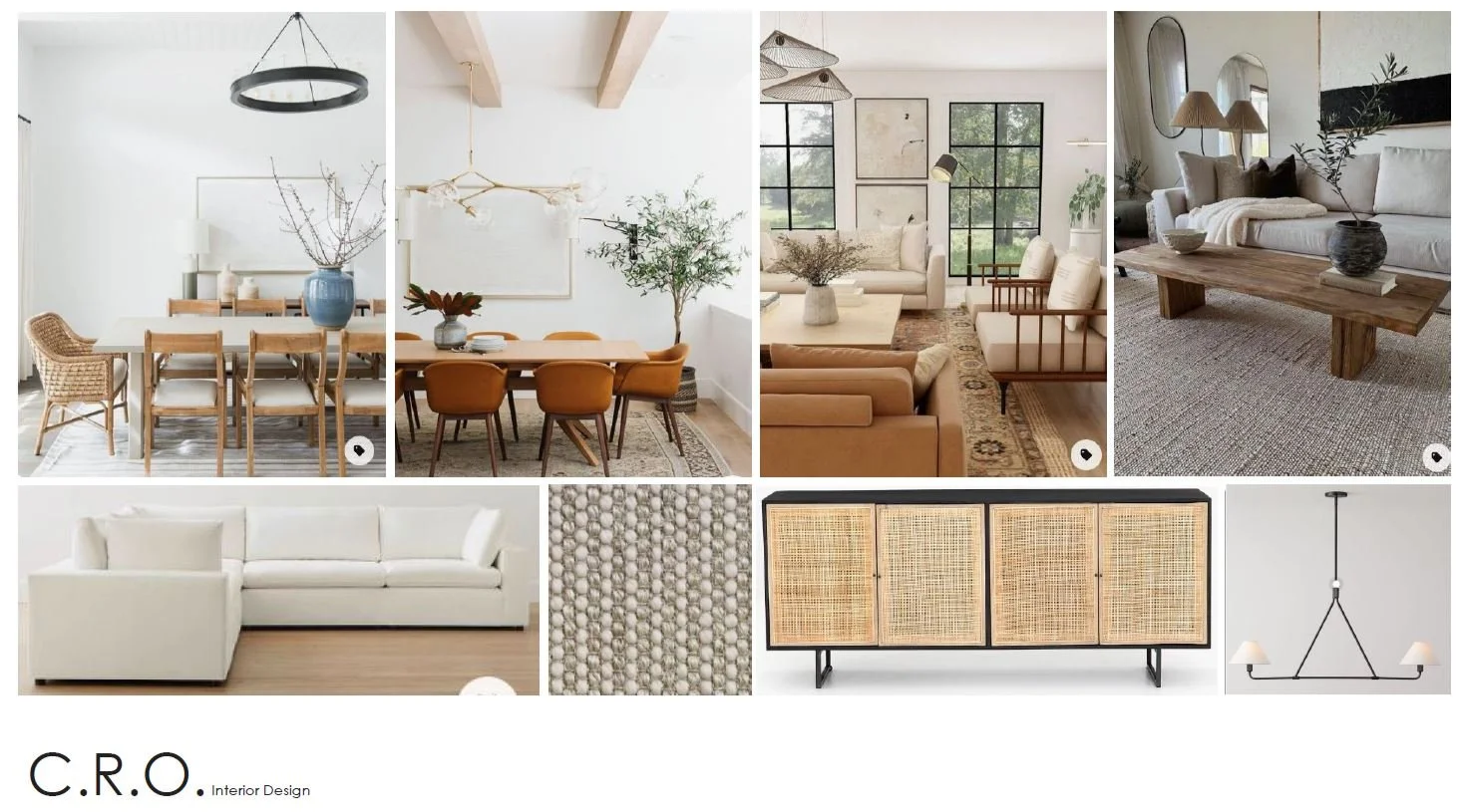 Collage of interior home design photos including dining rooms, living rooms, a sideboard, and lighting fixtures with a neutral and natural color palette.