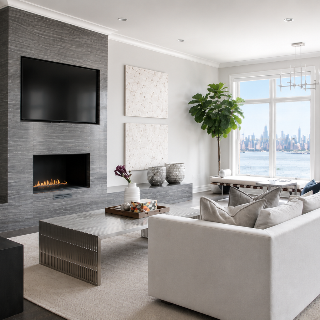 Modern living room with a large window showing a city skyline and water, a white sofa, a marble coffee table, a tall green plant, a fireplace, a mounted flat-screen TV, and decorative vases.