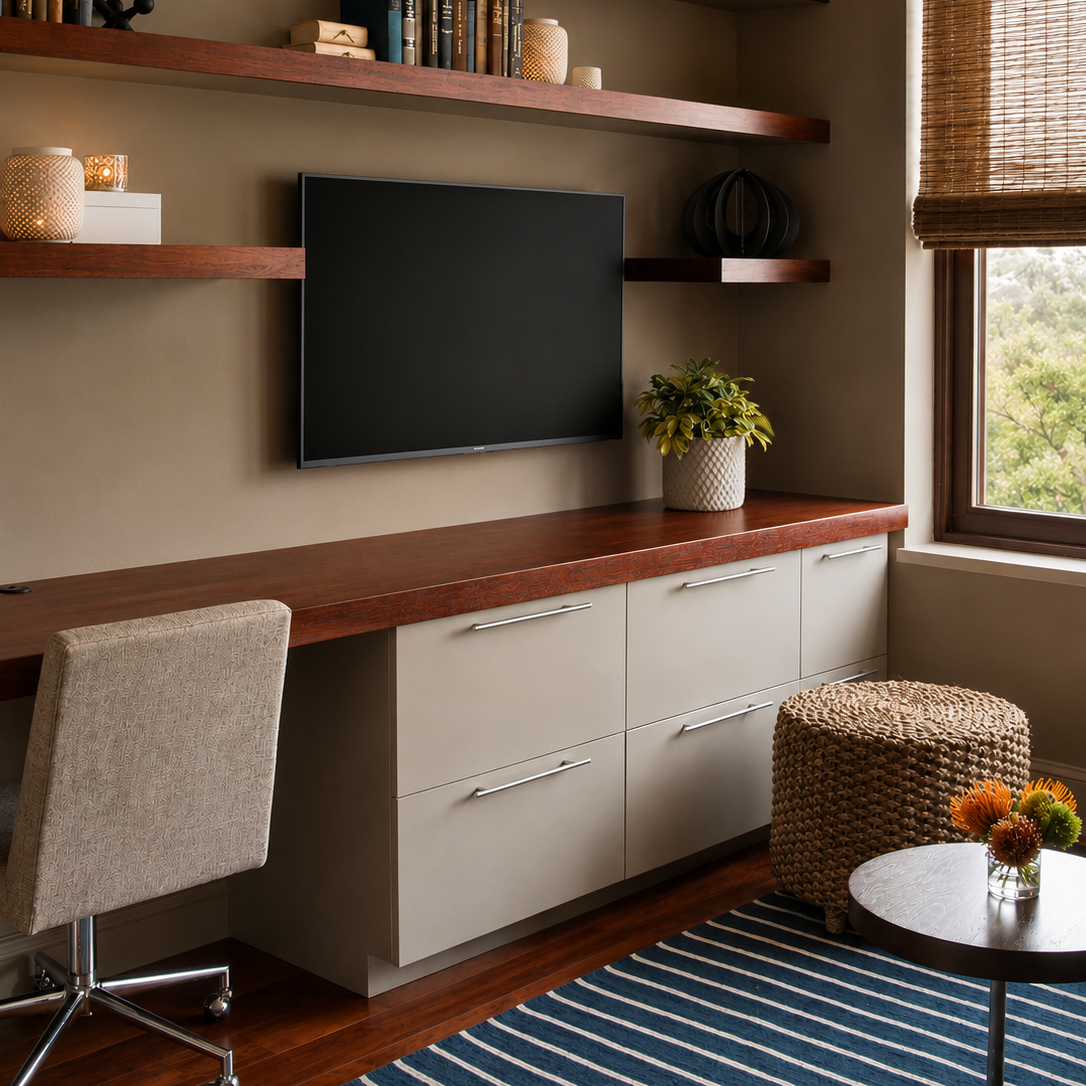Modern living room with a wall-mounted flat-screen TV, a beige desk with drawers, a beige upholstered chair, a woven round ottoman, a small round table with a flower vase, a window with bamboo blinds, a potted plant, and books on a shelf.