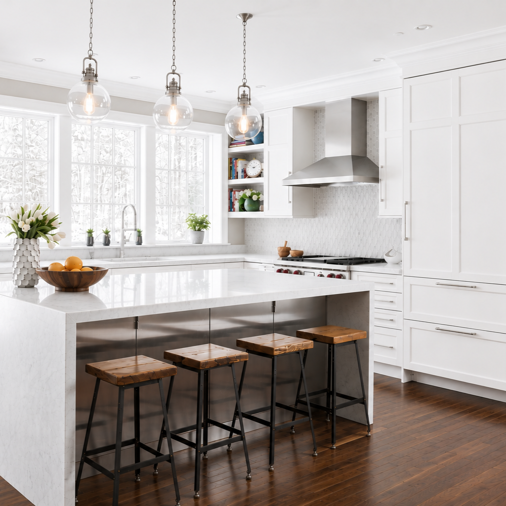 Bright, modern kitchen with white cabinets, marble island, wooden bar stools, pendant lights, and large windows with snowy outdoor view.