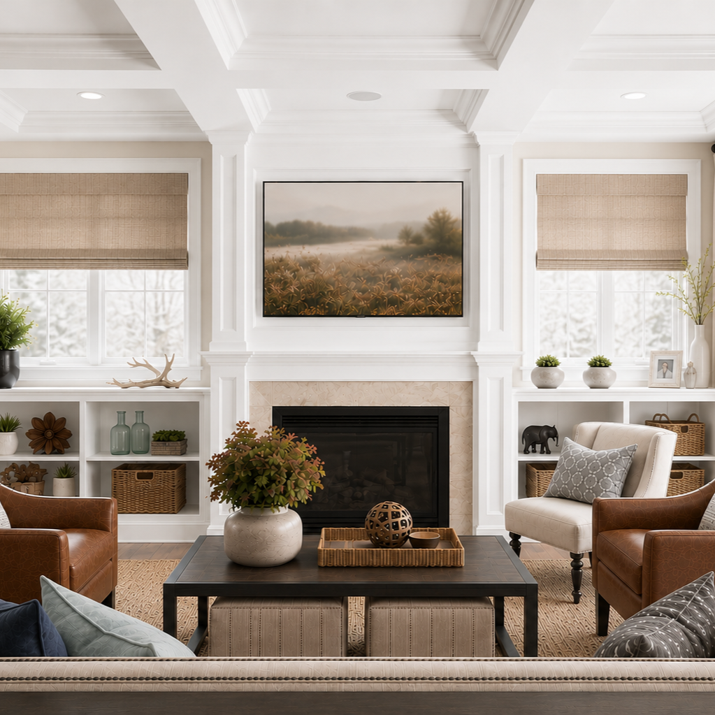 Cozy living room with a white fireplace, large wall-mounted TV above, two windows with beige blinds, and various decorative items on shelves. The room has a dark wood coffee table with a plant and decorative sphere, surrounded by beige and brown armc