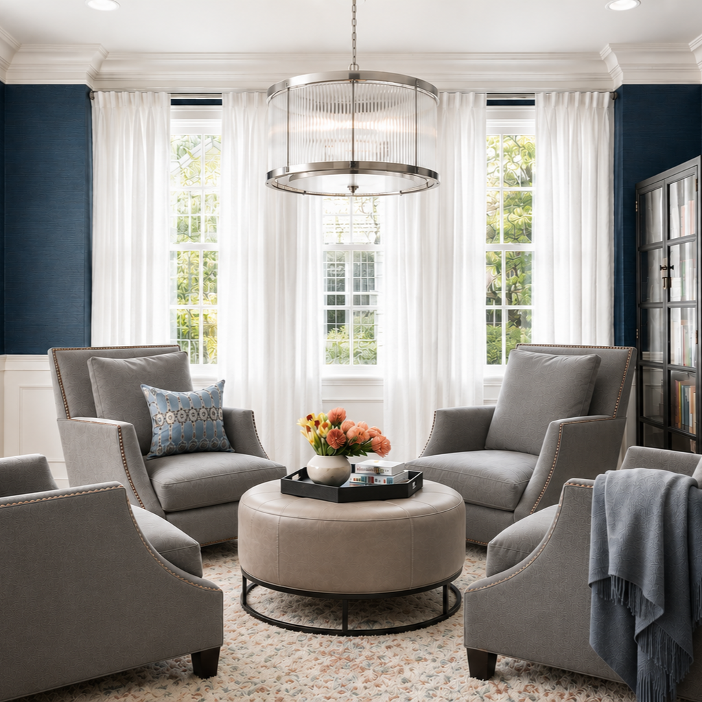 Living room with four gray armchairs around a round ottoman with a tray of books and flowers, large windows with white curtains, and a modern chandelier above.