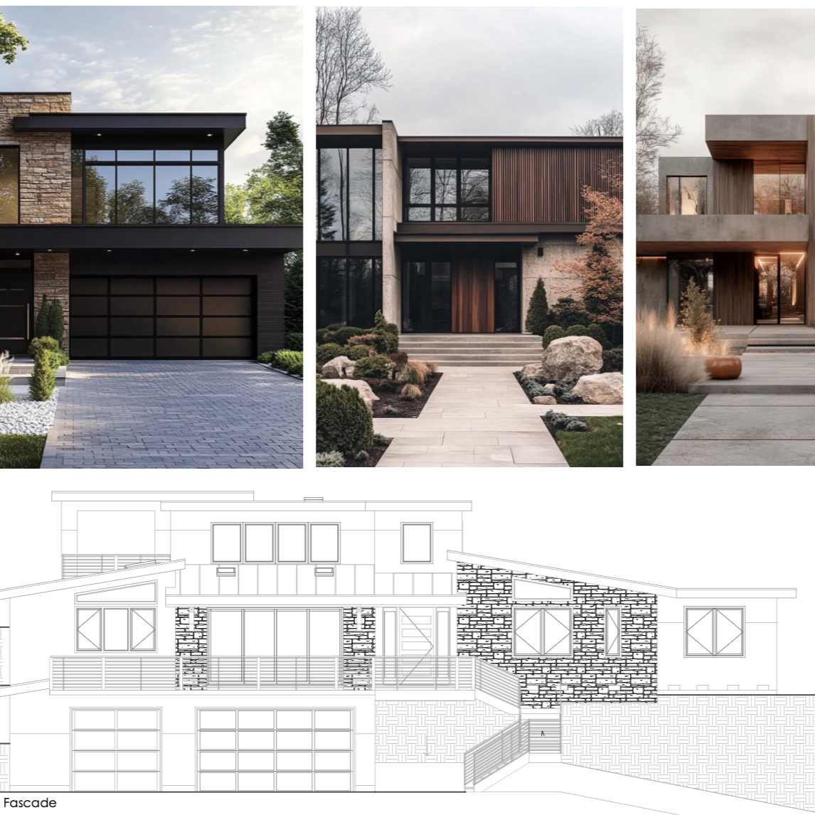 Three modern house facades with landscaping and architectural plans.