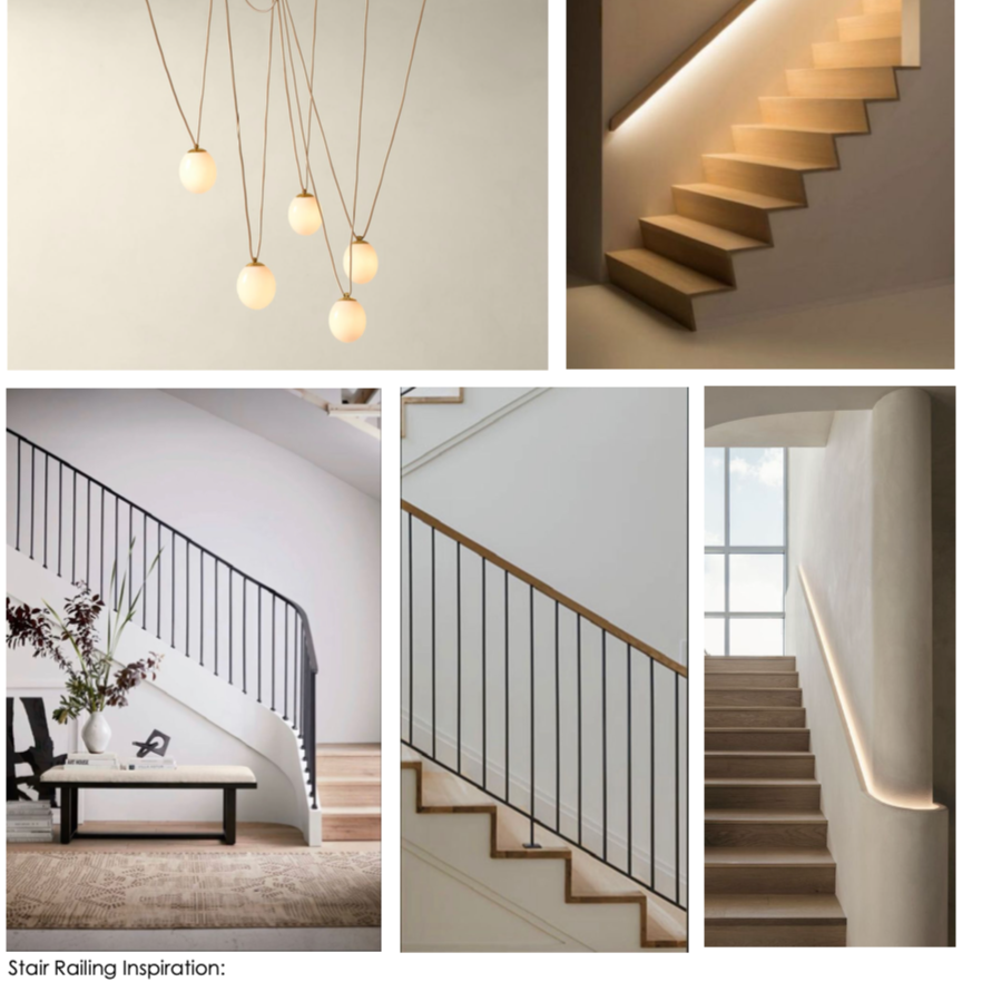 Collection of modern stair railings and lighting fixtures, showcasing minimalist design with clean lines in residential interiors.