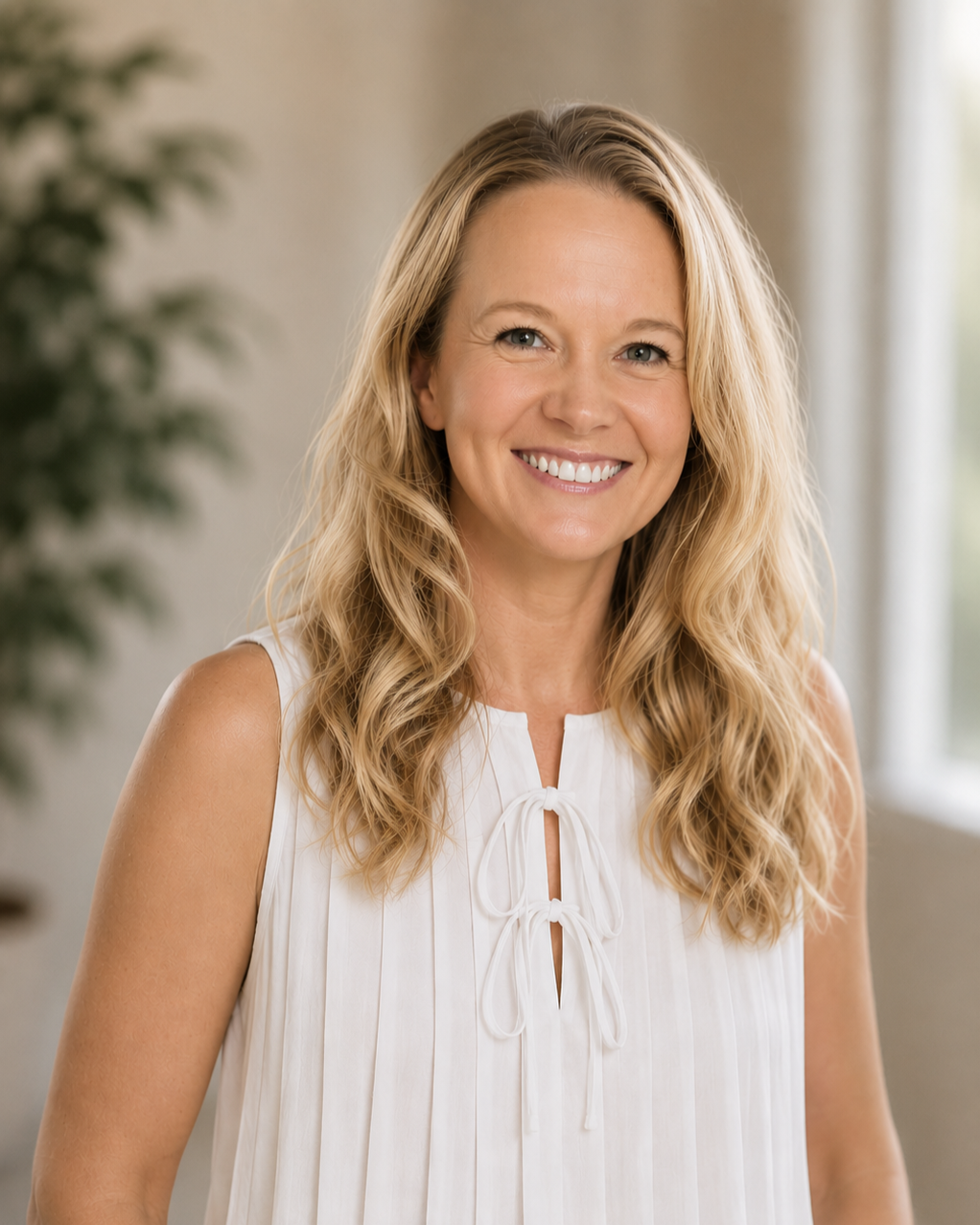A smiling woman with long, wavy blonde hair wearing a sleeveless white top with tie details at the neckline, standing indoors near a window with natural light.
