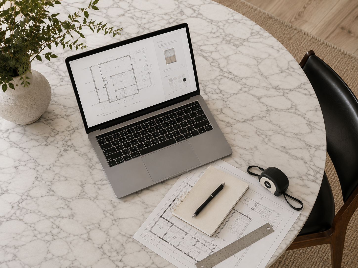 A marble table with a laptop displaying architectural blueprints, a notepad with a pen, a tape measure, a ruler, a paper with plans, and a potted plant.