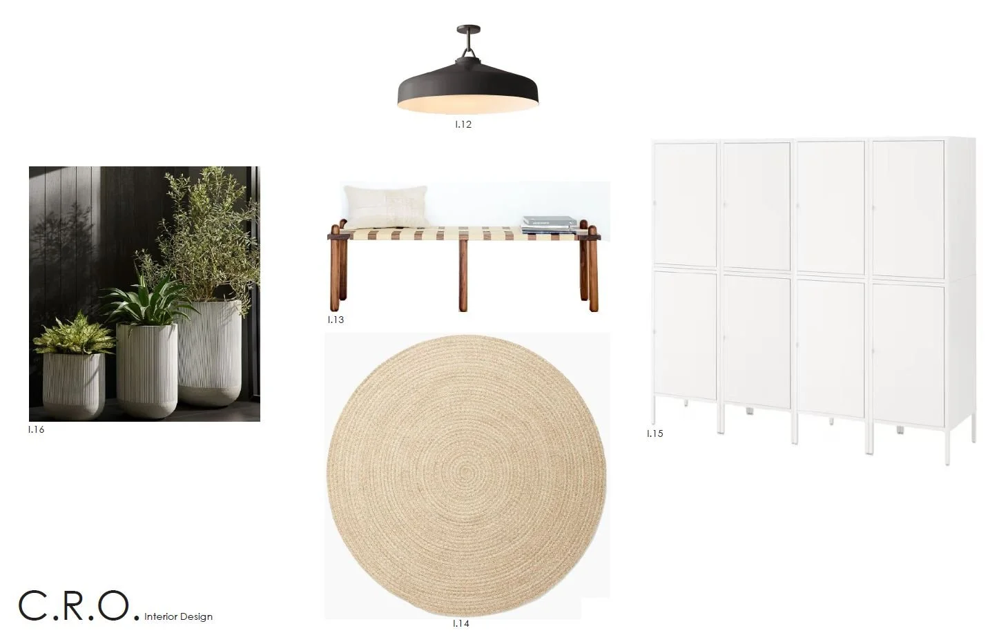Interior design mood board featuring potted plants, a black ceiling light, a wooden bench with white cushion, white lockers, a round beige rug, and the text 'C.R.O. Interior Design'.
