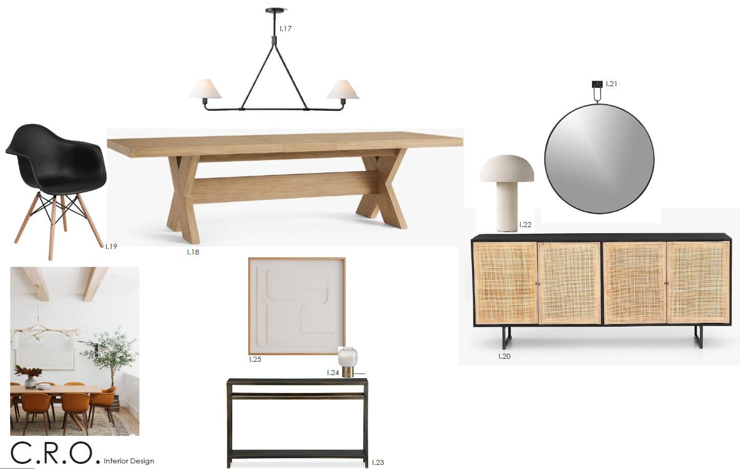 A collection of modern interior design furniture and decor, including a wooden dining table, black chair with wooden legs, wall mirror, table lamp, artwork, sideboard with rattan panels, and chandelier, arranged in a minimalistic style.