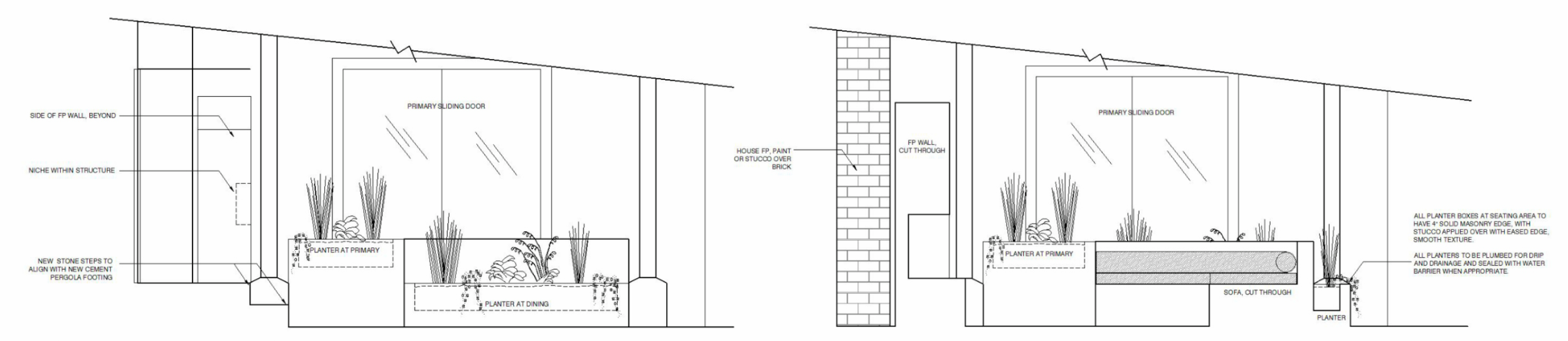 Architectural drawing of a house exterior with labeled planters, sliding door, brick wall, and steps.