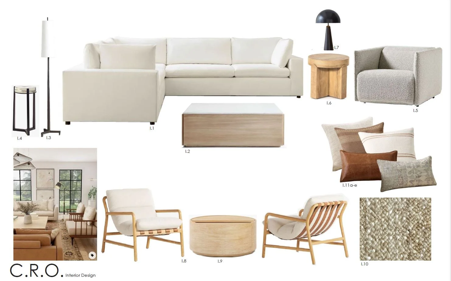 A modern living room setup with a white sectional sofa, a beige armchair, and various side tables, lamps, and decorative pillows in neutral tones, along with a sample interior photo and fabric swatch.