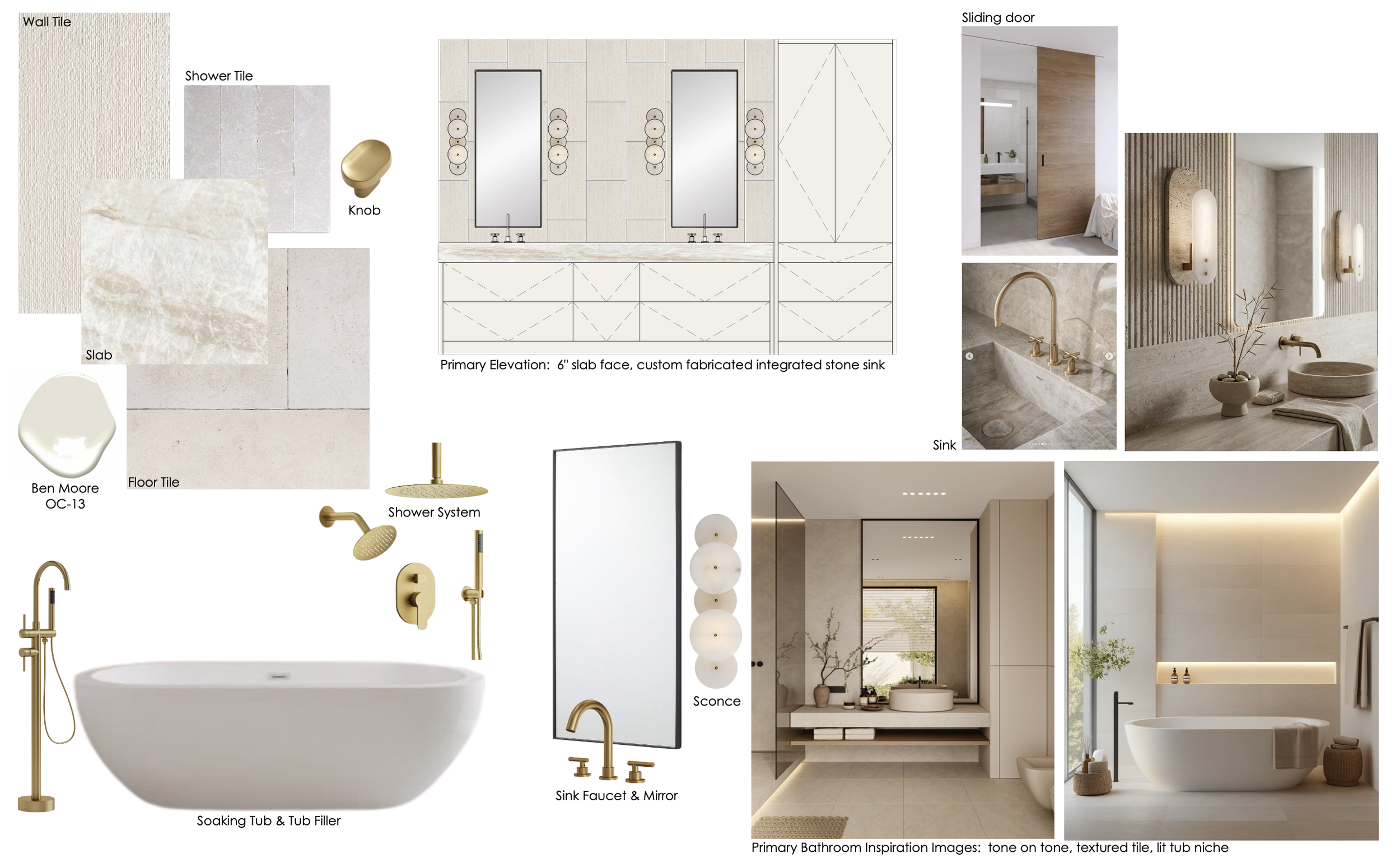 Design plan for a modern bathroom featuring a neutral color palette with beige wall and floor tiles, a freestanding soaking tub, a custom integrated stone sink, gold fixtures including a faucet, shower system, and knobs, with wall art, mirrors, and lighting creating a sleek, minimalist aesthetic.