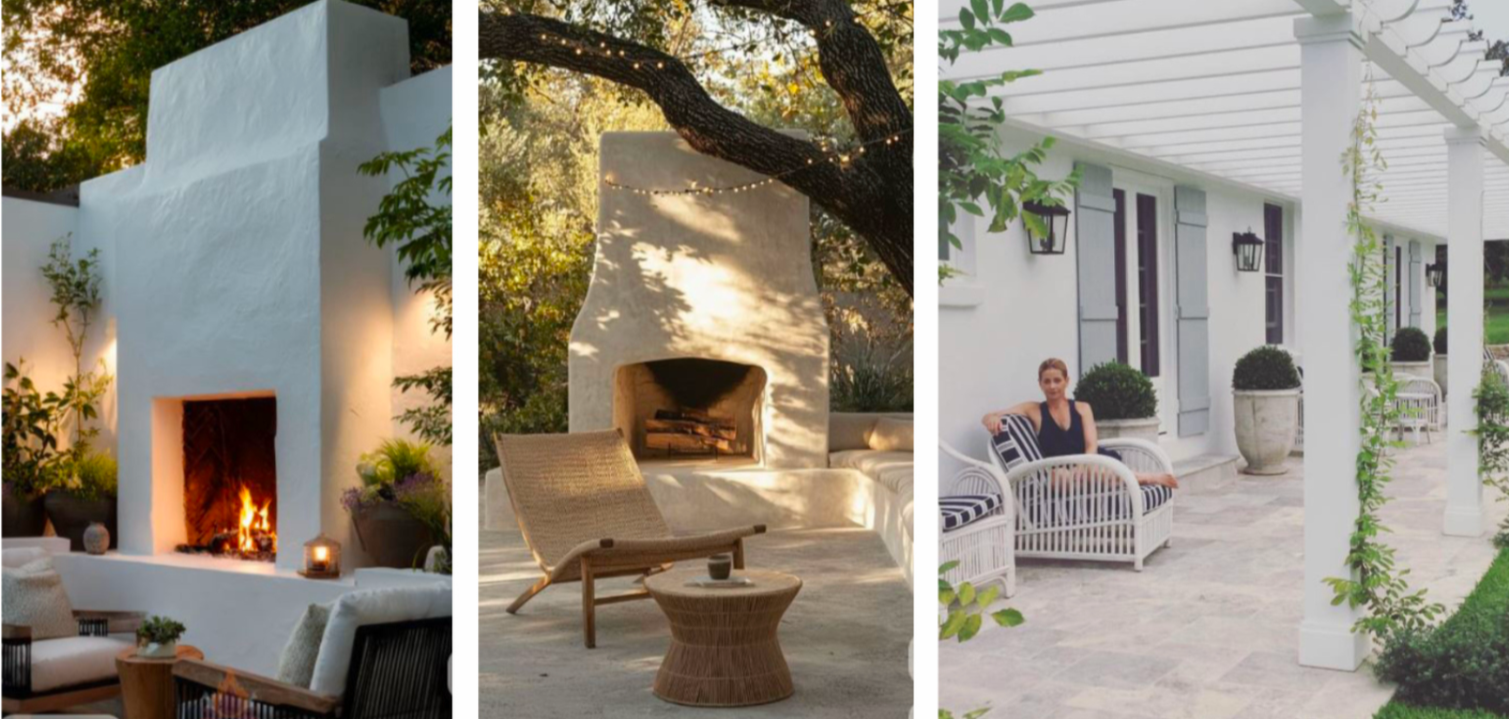 Three outdoor patio scenes featuring a white stucco fireplace with a fire, a seating area with a fireplace and lounge chair under a tree with string lights, and a woman relaxing on a white outdoor patio with wicker furniture and potted plants.