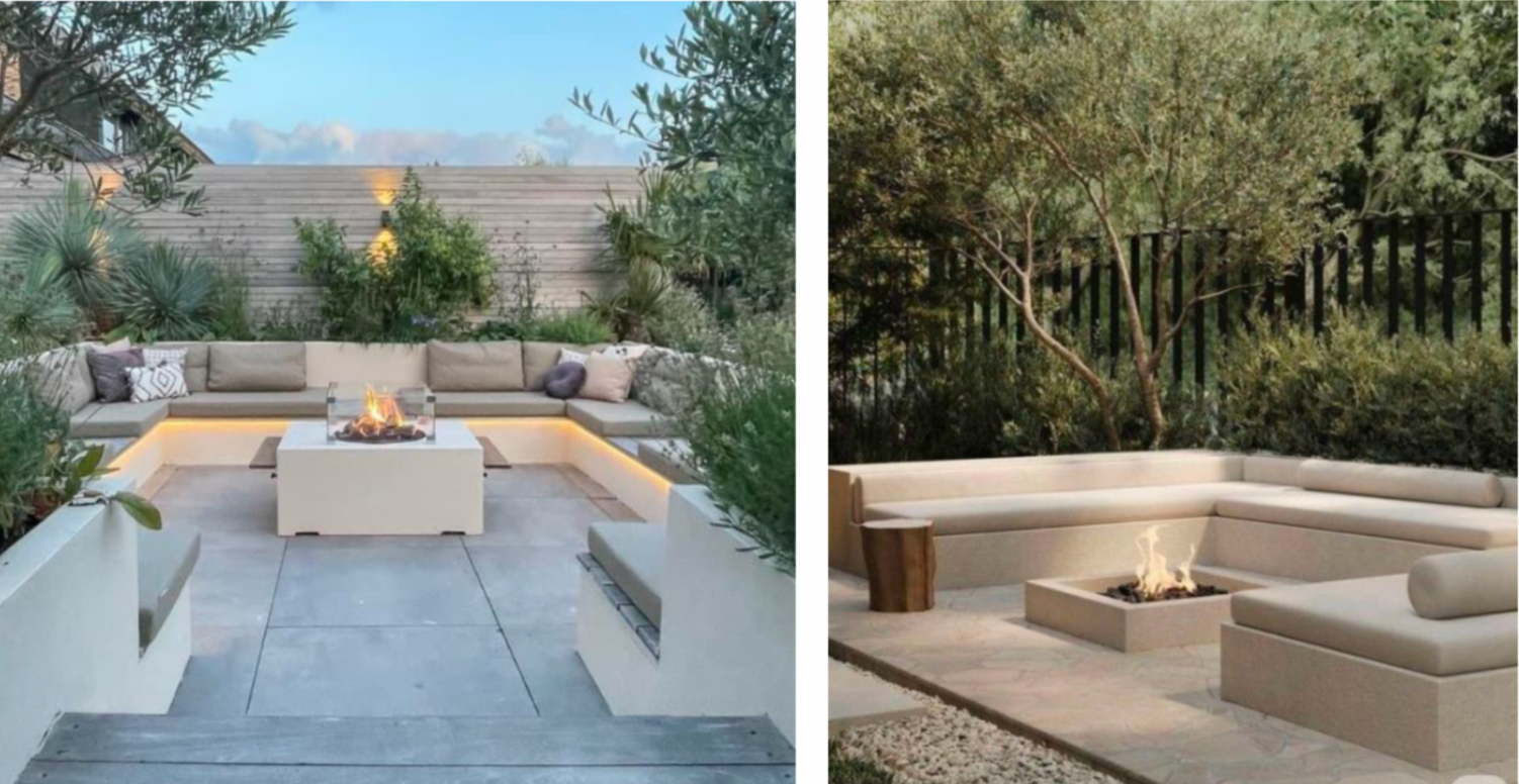 Two outdoor seating areas with built-in fire pits, one during daytime with beige sectional sofa, cushions, and greenery, and the other at dusk with corner couch, small side table, and trees.