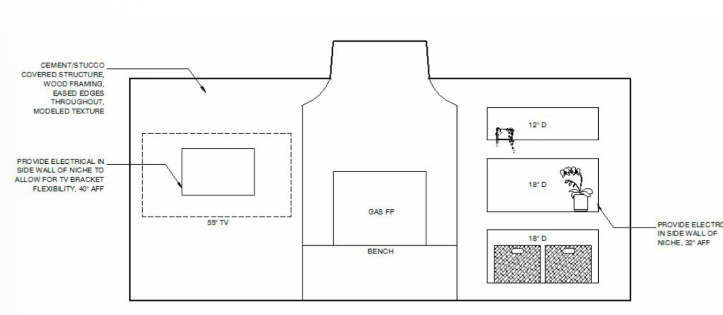 A detailed architectural interior design plan for a living room, showing wall textures, electrical outlets, and furniture placement, including a fireplace, TV, and shelves with specific dimensions.