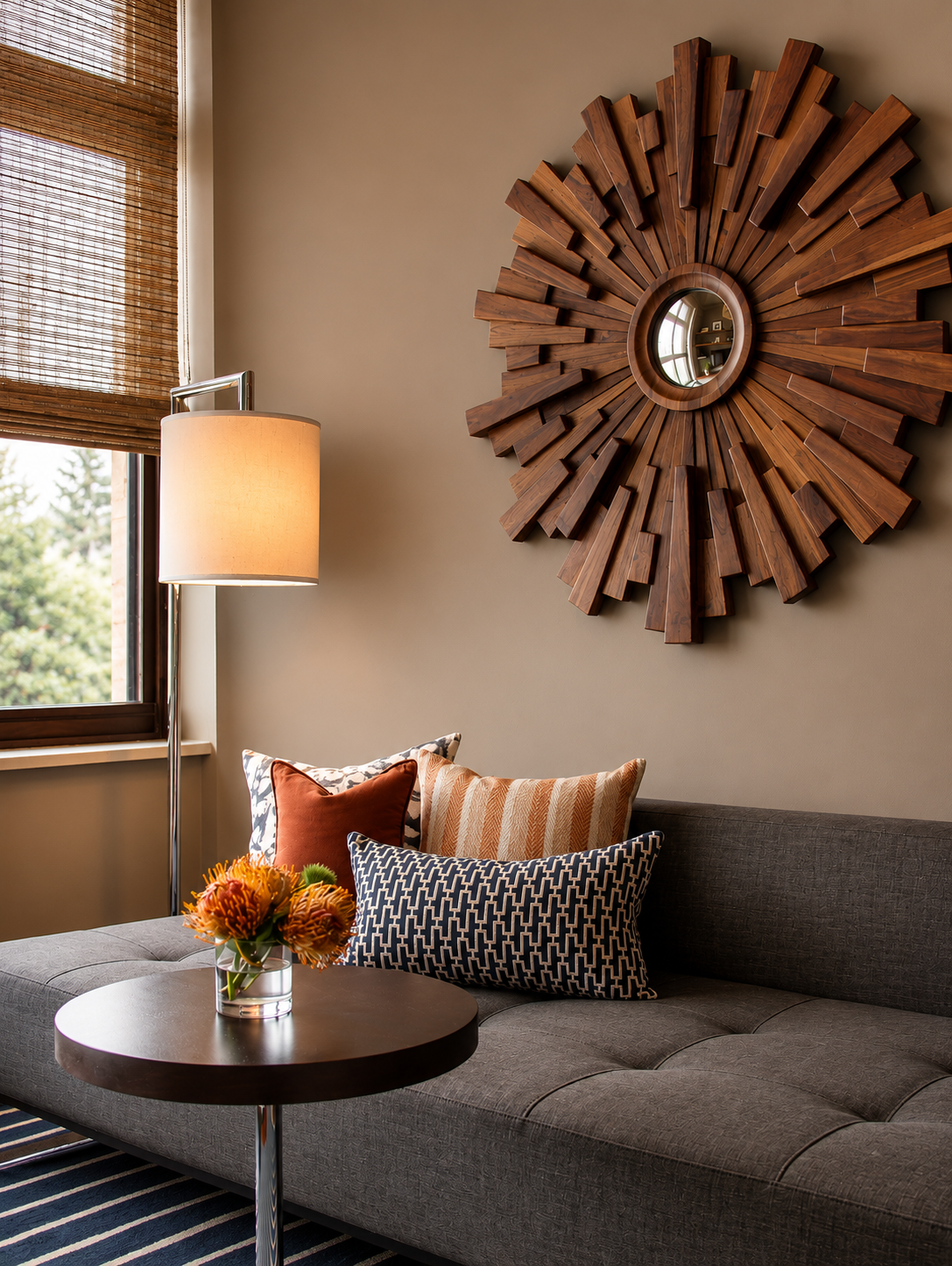 Living room with a gray sofa, decorative pillows in various patterns and colors, a round side table with a vase of orange flowers, a standing lamp with a beige shade, a window with woven shades, and a large wooden sunburst mirror on the wall.