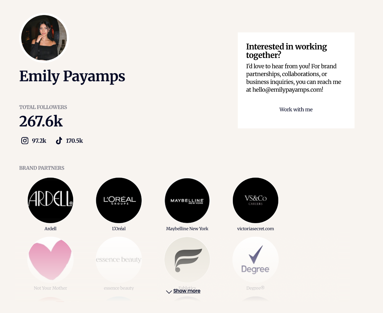 Social media profile page of Emily Payamps with her profile picture, followers count, social media icons, brand partner logos, and contact information.