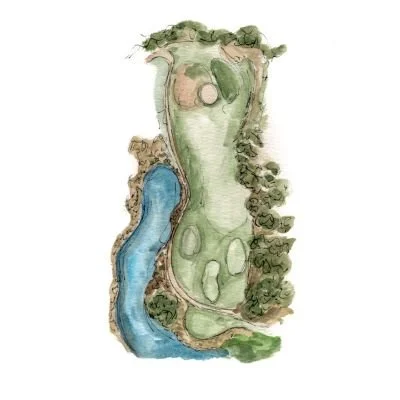Map of a golf course with a river running along the left side, trees surrounding the course, and several sand traps and fairways.