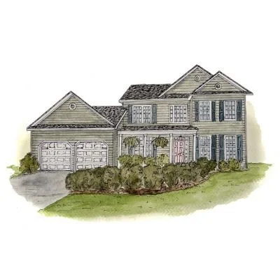 Illustration of a two-story suburban house with a front driveway, garage, and landscaped yard.