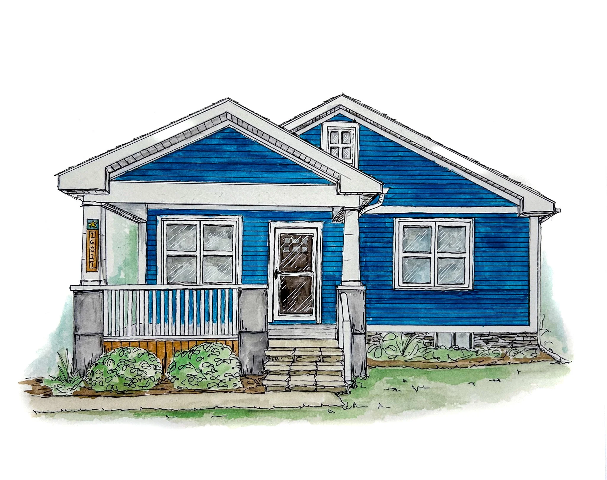A watercolor illustration of a house with a teal exterior, front porch, and stone steps, surrounded by a garden with bushes and grass.