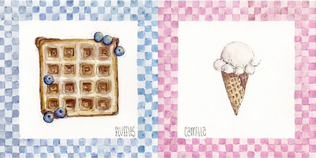 Watercolor illustrations of a waffle with blueberries on top and an ice cream cone with three scoops. The waffle is labeled "waffles" and the ice cream cone is labeled "camila." Both images are framed with a checkered blue and pink pattern background.