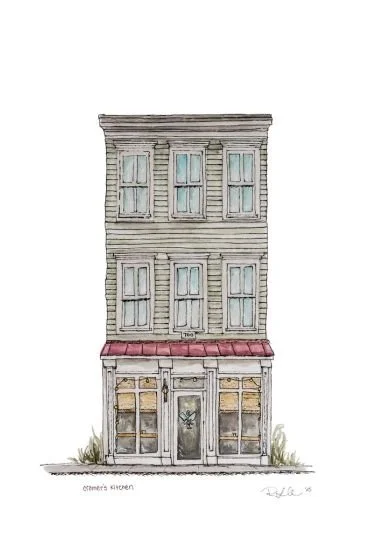 Drawn illustration of a three-story old building with a storefront on the ground floor, featuring large windows and a central door, with a red awning and grass on each side.