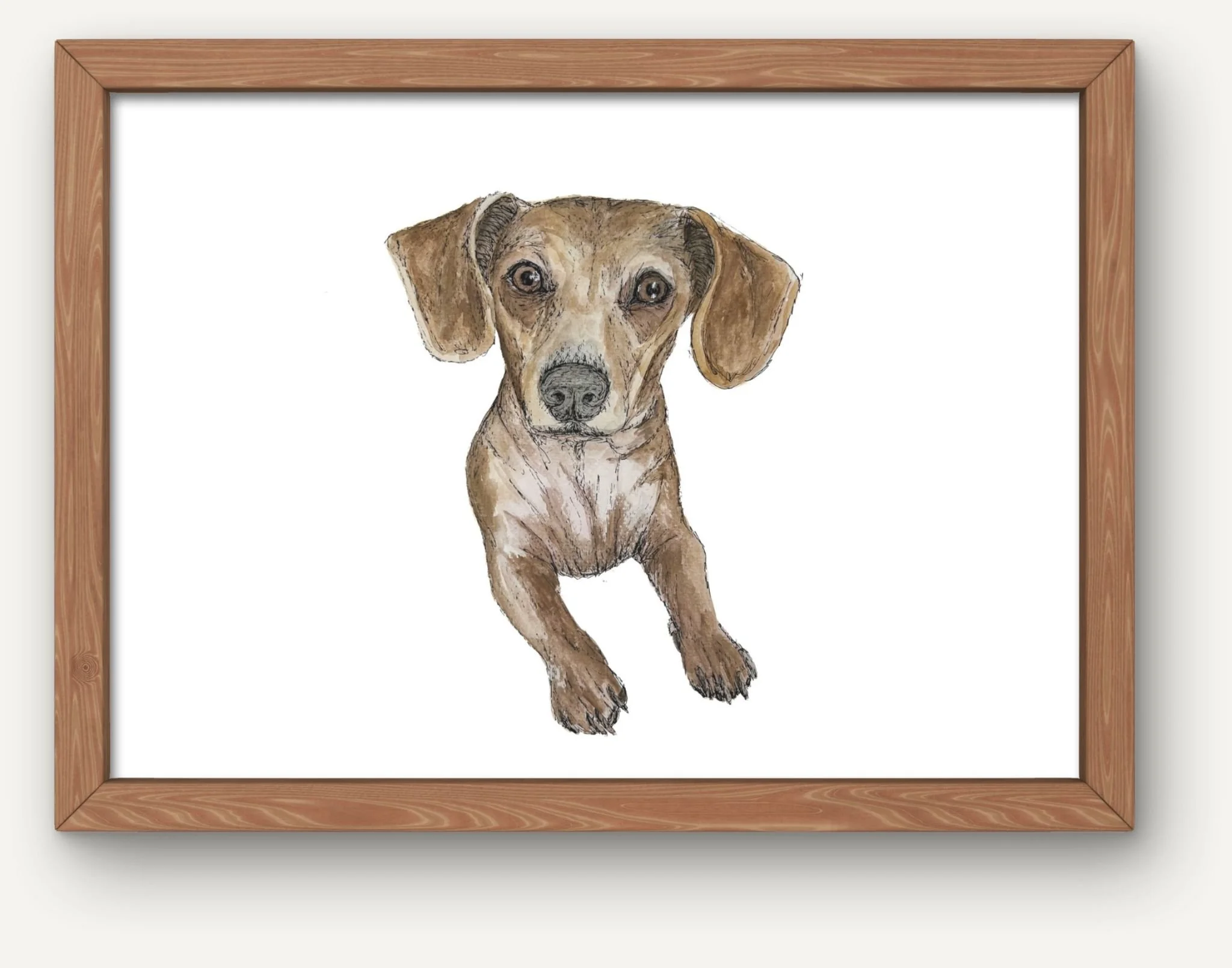 Watercolor painting of a dachshund dog framed in a wood border.