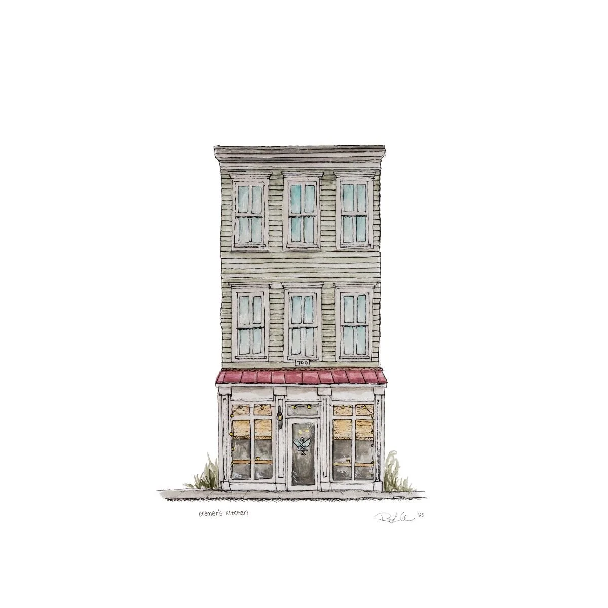 Watercolor illustration of a three-story building with a storefront on the ground floor, featuring a red awning and large windows, and residential windows on the upper floors. The building has a weathered look with gray siding and plants on either side.
