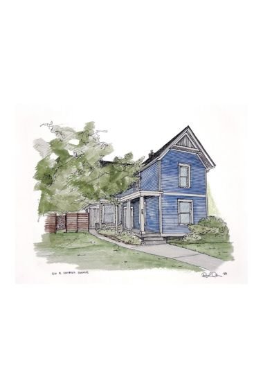 A watercolor illustration of a blue two-story house with a front porch, surrounded by greenery and a tree on the left. There is a sidewalk in front of the house and a wooden fence in the background.