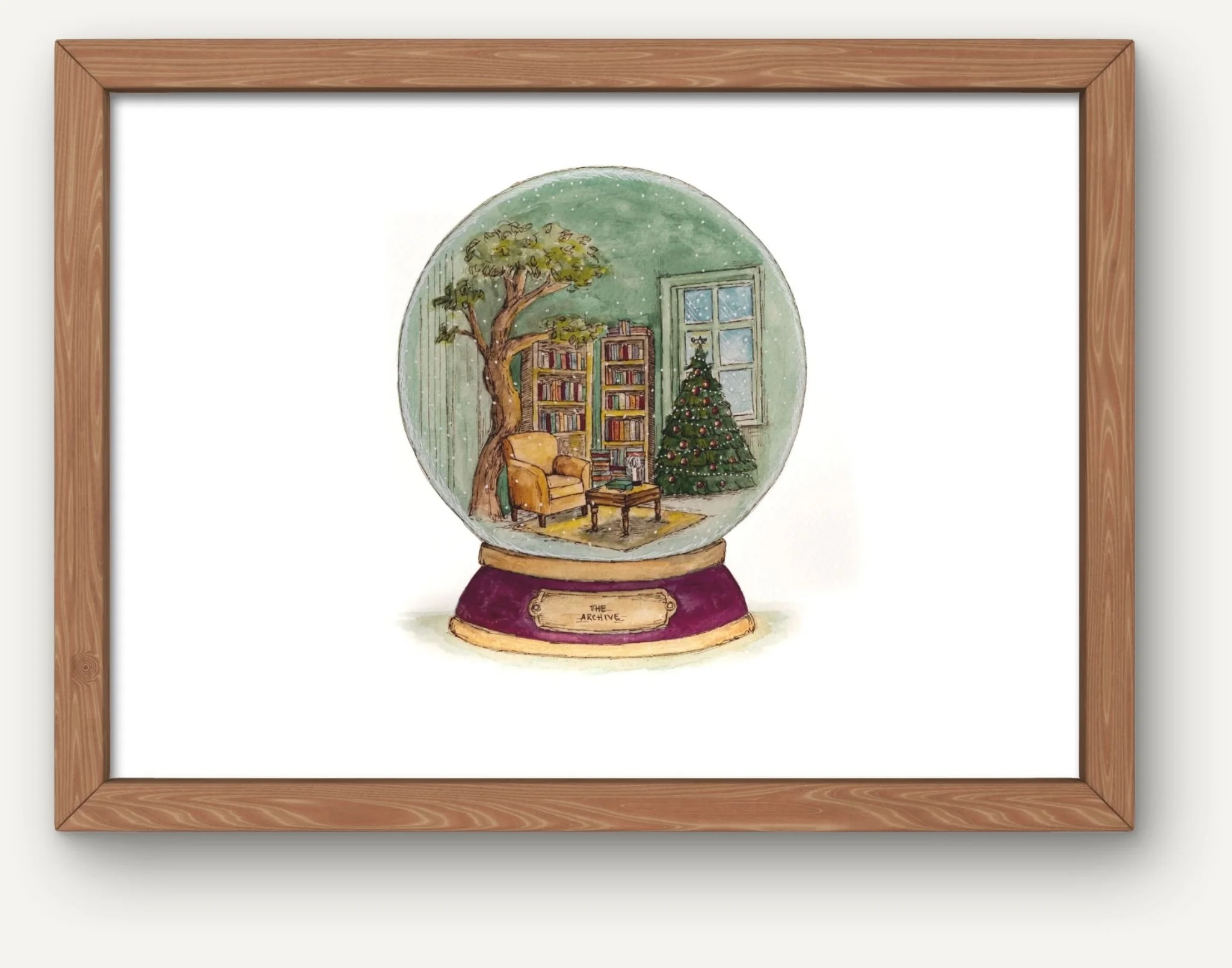 A framed watercolor painting of a cozy interior with a large tree, bookshelf, Christmas tree, window, orange armchair, and small table.