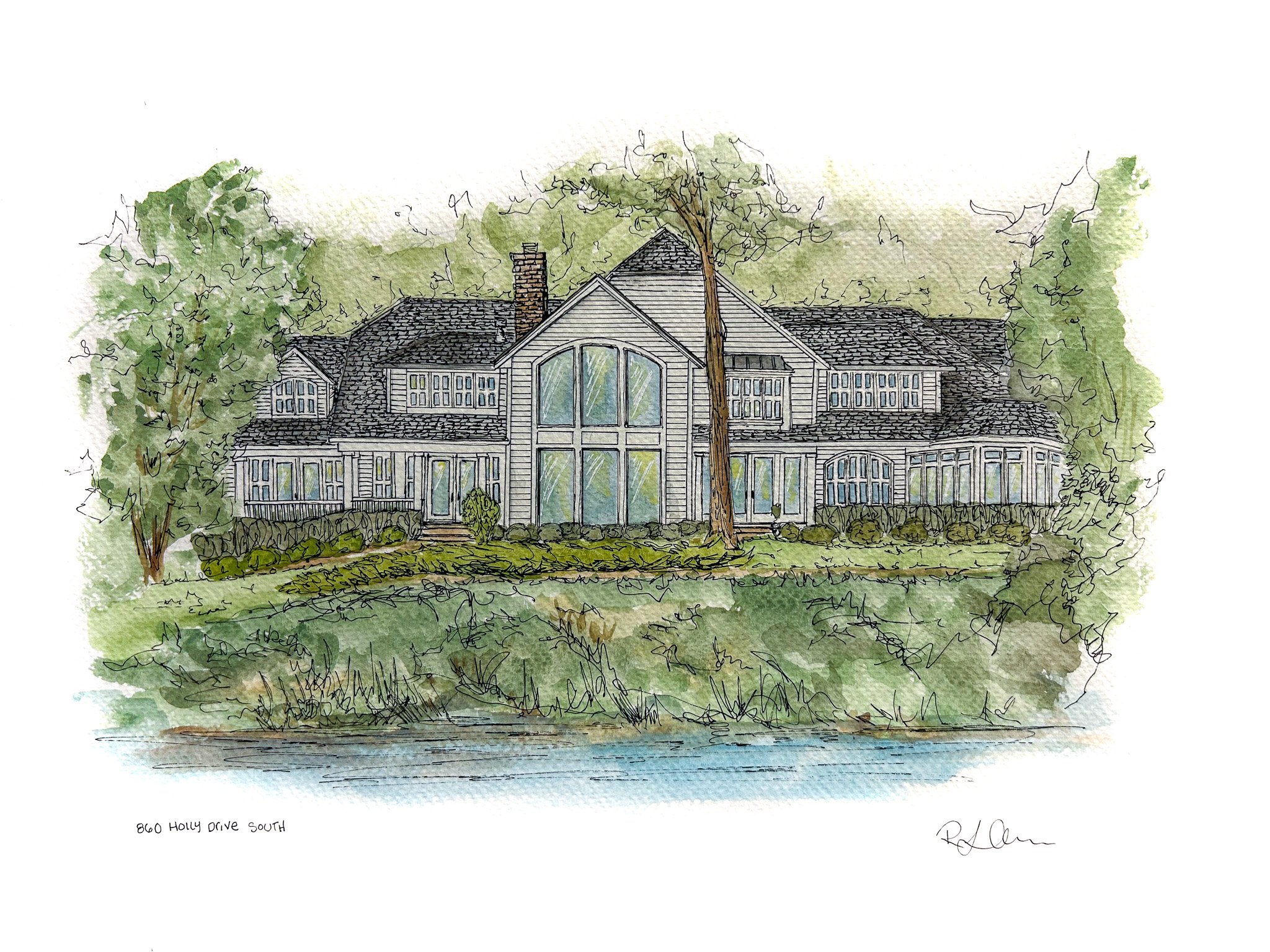 Hand-painted watercolor illustration of a large house with many windows, surrounded by trees and greenery, with a body of water in the foreground.